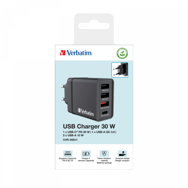 VERBATIM 49700 CHR-30EU1 USB-CHARGER 30W BLACK