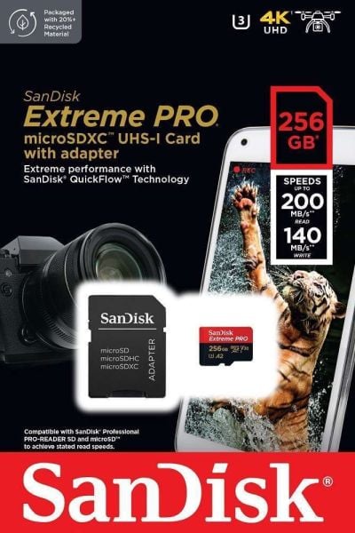 SanDisk 256GB V30  MicroSDXC Extreme Pro UHS-I A2  Adaptörlü Hafıza Kartı 200/140MB/s