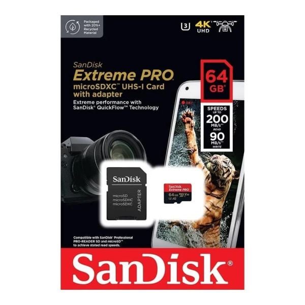 SanDisk 64GB V30  MicroSDXC Extreme Pro UHS-I A2  Adaptörlü Hafıza Kartı 200/140MB/s