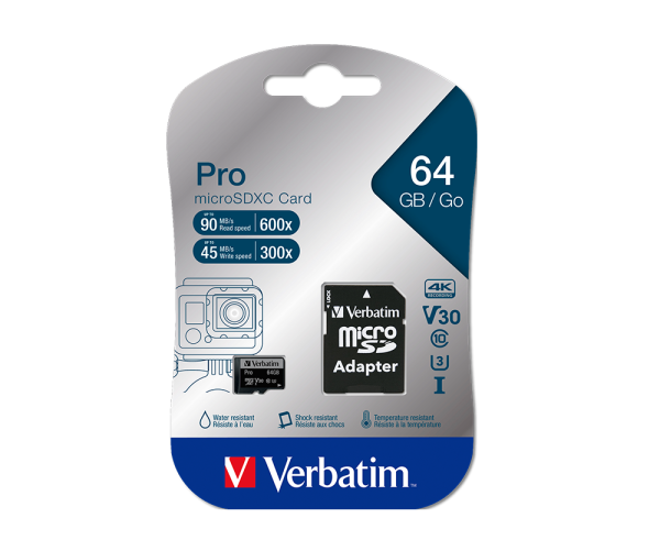 VERBATIM 47042 - 64GB PRO U3 MICRO SDXC CLASS 10 UHS-I (MIC ADAPTOR) (90MB/sn. - 45MB/sn.)