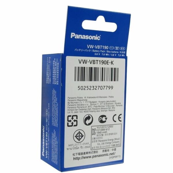 Panasonic VW-VBT190E-K Li-ion 3.6 Volt  1940mAh, 7.0 Wh Kamera Pili