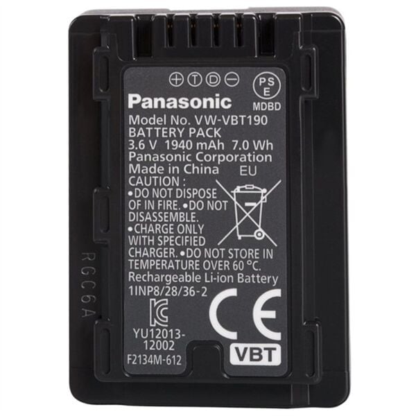 Panasonic VW-VBT190E-K Li-ion 3.6 Volt  1940mAh, 7.0 Wh Kamera Pili