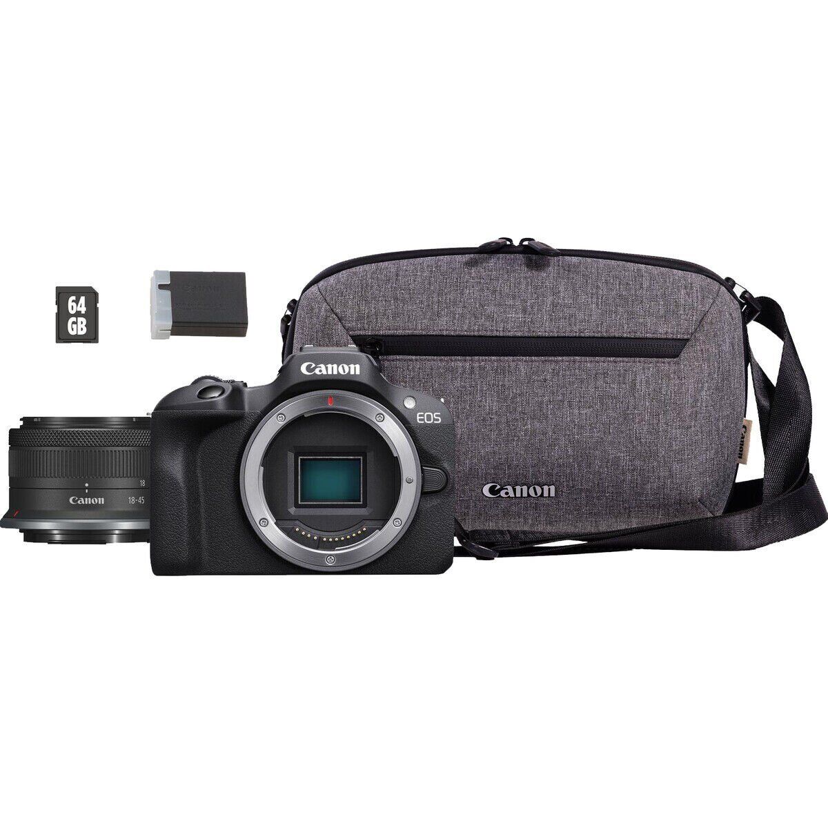 Canon EOS R100 + RF-S 18-45mm IS STM Travel Kit (Omuz Çantası + 64GB SD Kart)