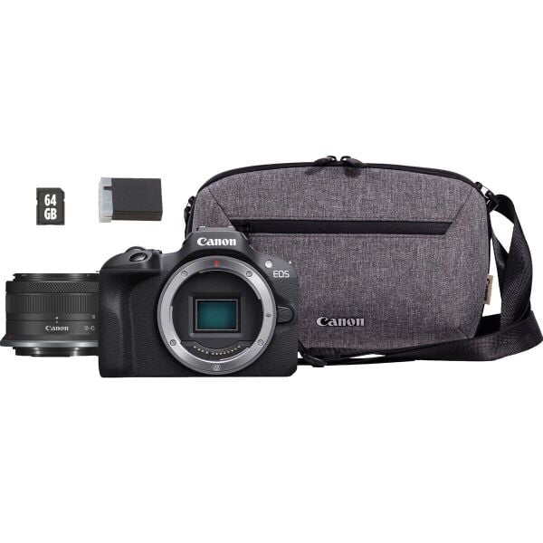 Canon EOS R100 + RF-S 18-45mm IS STM Travel Kit (Omuz Çantası + 64GB SD Kart)