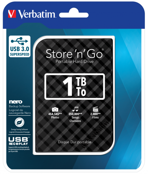 VERBATIM 53194 - 1TB USB 3.0 BLACK PORTABLE HARD