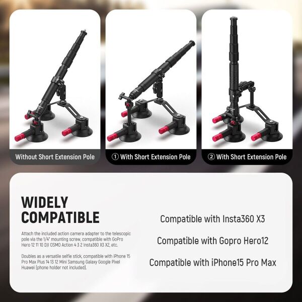 CA065 3 Vantuzlu Aksiyon Kamera Tutucu & Uzatma Kolu 110cm