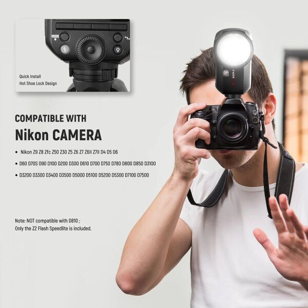 Z2PRO-N Nikon Uyumlu 76W Yuvarlak Kafa Akülü Tepe Flaşı & Kubbe Difüzör