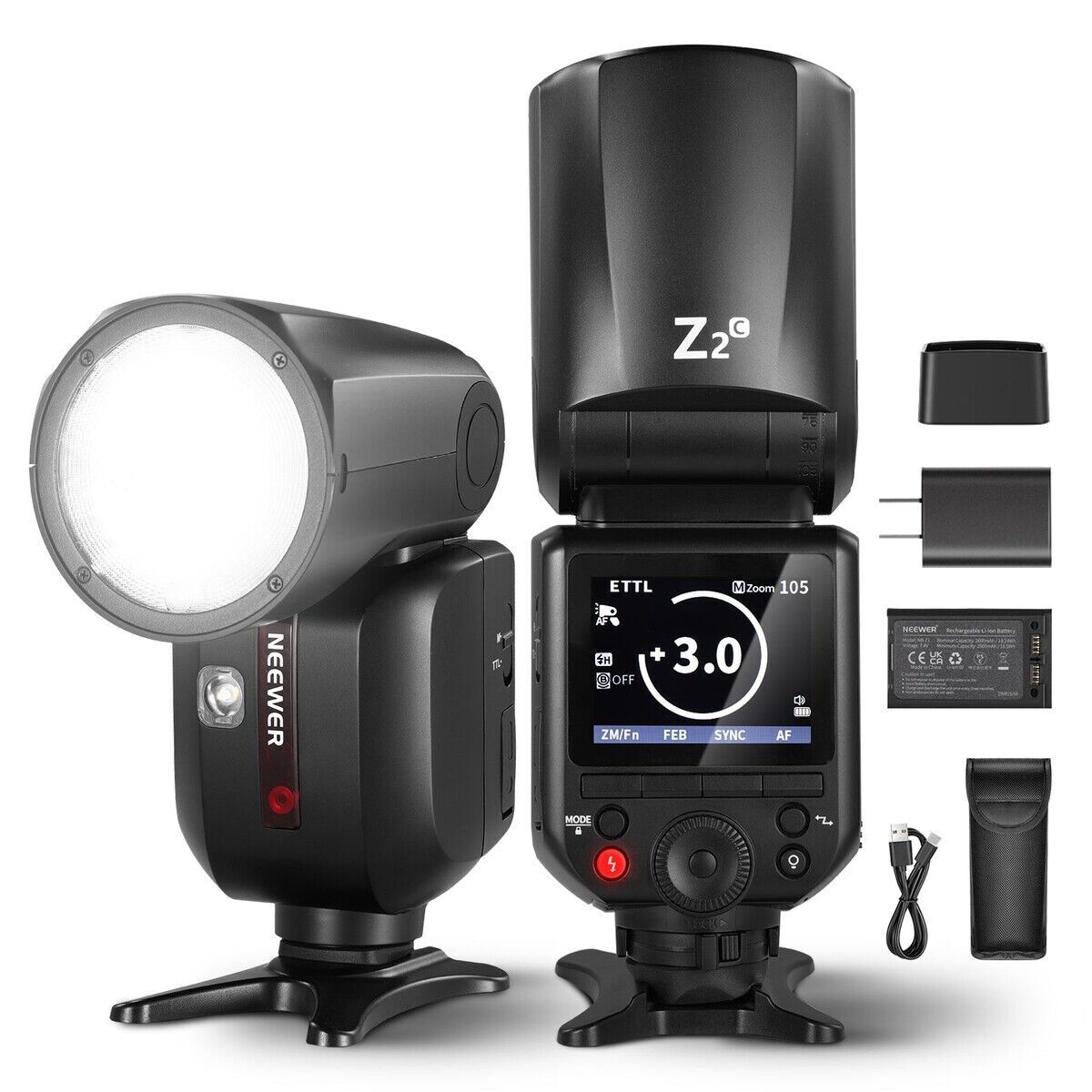 Z2PRO-C Canon Uyumlu 76W Yuvarlak Kafa Akülü Tepe Flaşı & Kubbe Difüzör