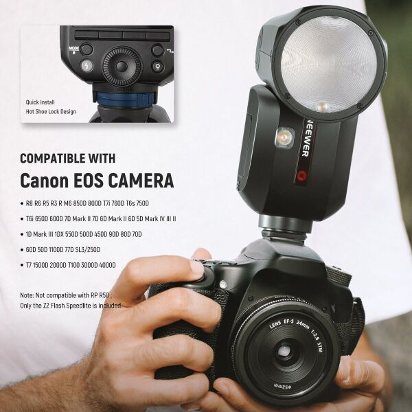 Z2PRO-C Canon Uyumlu 76W Yuvarlak Kafa Akülü Tepe Flaşı & Kubbe Difüzör