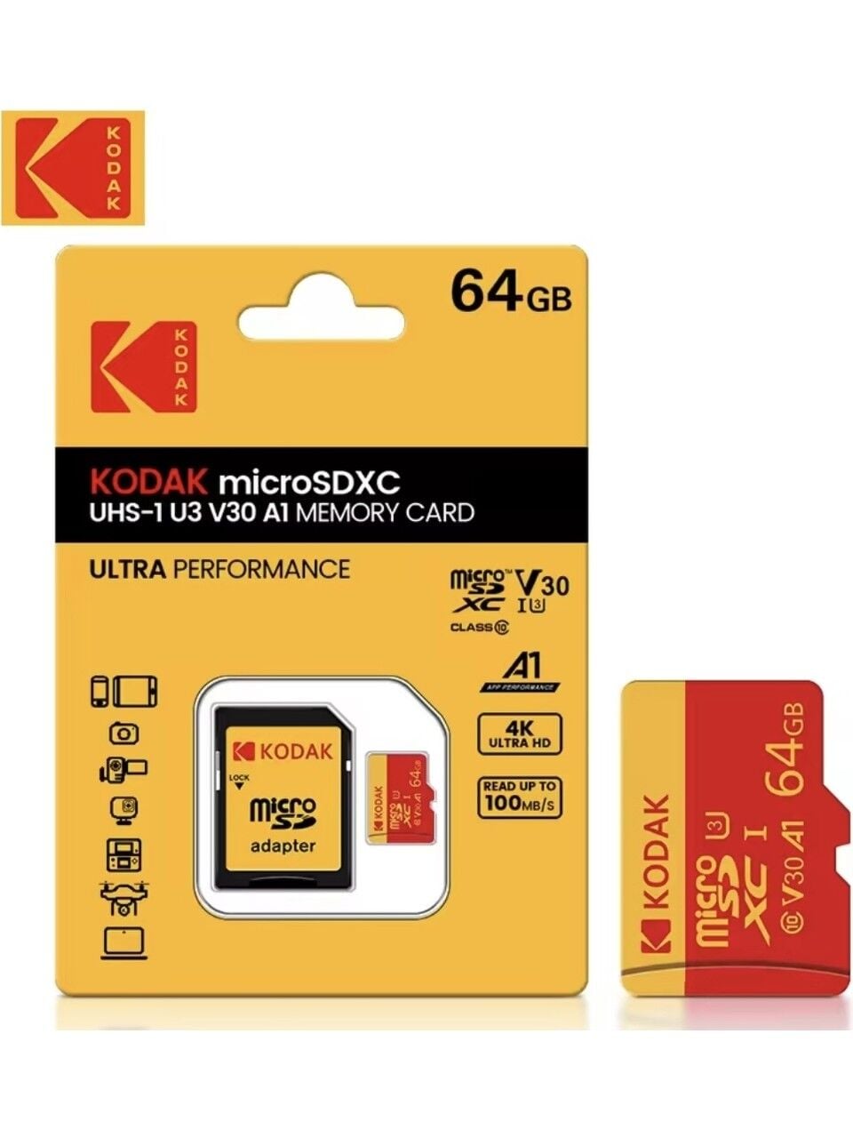 Kodak 64GB UHS-I U3/V30/A1 Red Micro SD + Adaptör