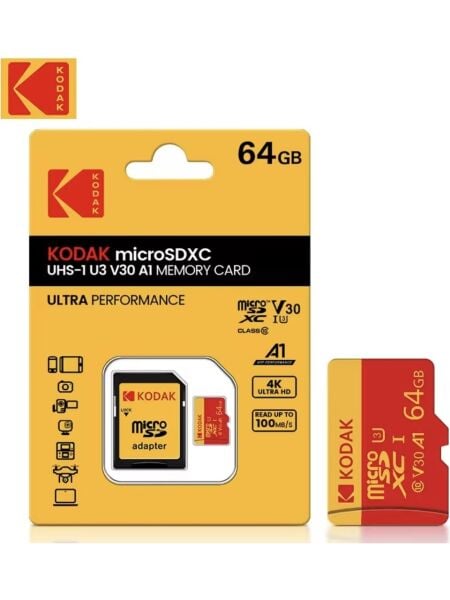 Kodak 64GB UHS-I U3/V30/A1 Red Micro SD + Adaptör