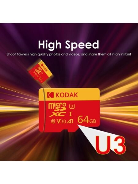 Kodak 64GB UHS-I U3/V30/A1 Red Micro SD + Adaptör