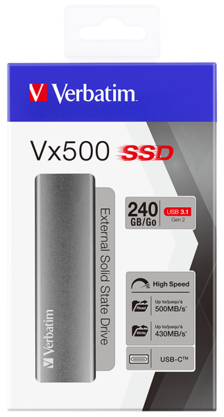 VERBATIM 47442 - 240GB VX500 USB 3.2 GEN 2 EXTERNAL SSD (Okuma 500MB/sn. - Yazma 430MB/sn.)