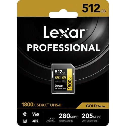 Lexar 512GB 280MB/s Profesyonel 1800x SDXC UHS-II V60 Hafıza Kartı (Gold Serisi)