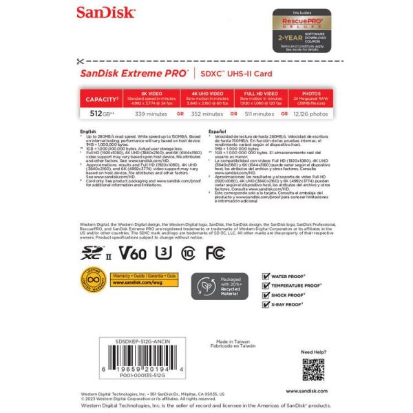 SanDisk 512GB 280MB/s Extreme PRO V60 SDXC™ UHS-II Hafıza Kartı