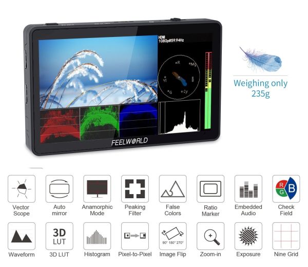 FEELWORLD F6 PLUS 6 inç  3D LUT Kamera  Alan Monitörü 1920x1080 HD 4K HDMI