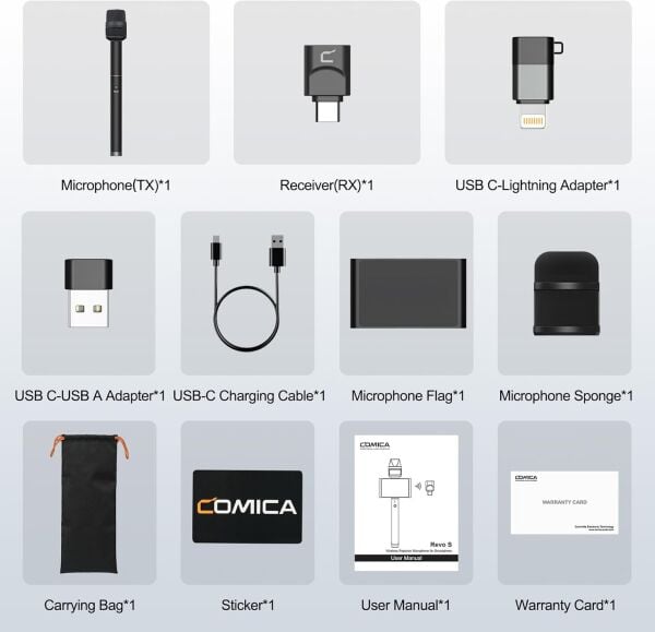 COMICA Revo S Kablosuz Ropörtaj Mikrofonu USB-C + Lightning Girişli Telefonlar için