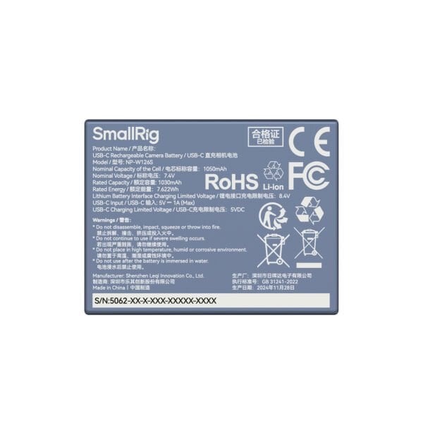 SmallRig 5062 NP-W126S USB-C Şarj Edilebilir Kamera Pili