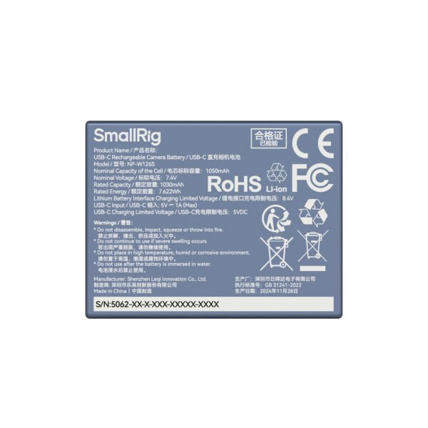 SmallRig 5062 NP-W126S USB-C Şarj Edilebilir Kamera Pili