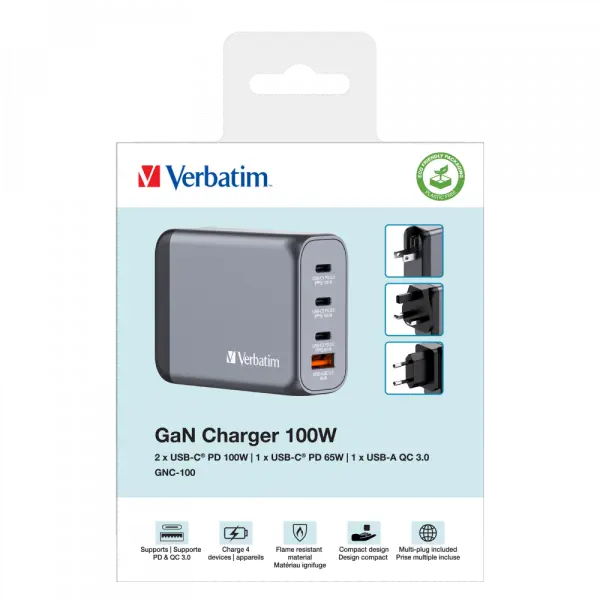 Verbatim 32202 - V GNC-100 GaN Charger 100W 3-USB-C /  1-USB-A  Çıkışa Sahiptir