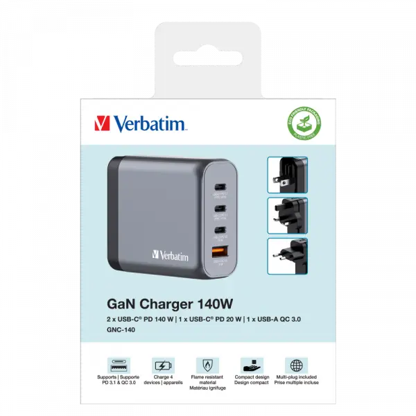 Verbatim 32203 - V GNC-140 GaN Charger 140W 3-USB-C / 1-USB-A  Çıkışa Sahiptir