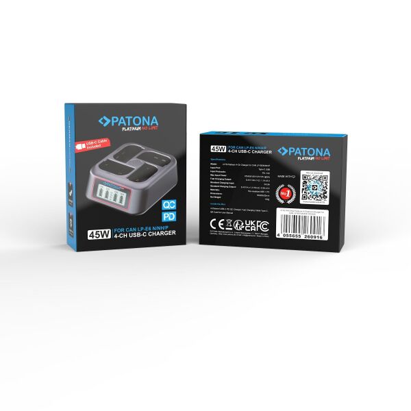 Patona 4178 Platinum USB-C PD QC 4-Port Fast Charger Canon LP-E6 LP-E6N