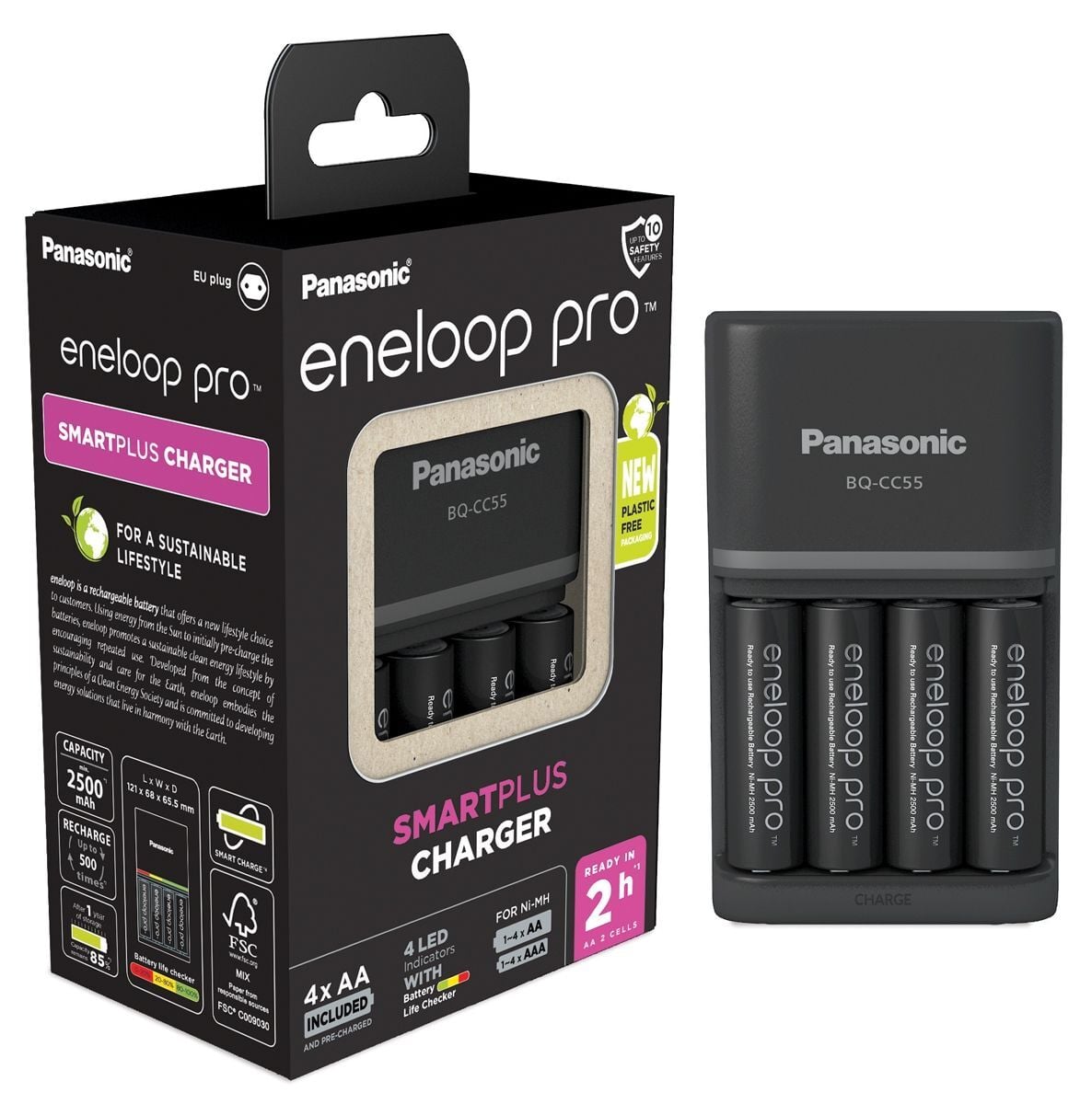 Panasonic Eneloop BQ CC55 Şarj Edilebilir 2500mAh Pil NiMH AA (4'lü + Şarj Aleti ile)
