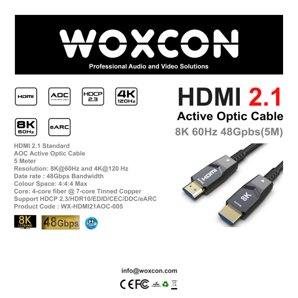 Woxcon 8K @ 60Hz 4:4:4 HDMI2.1 Hybrid AOC Kablo 75 Metre Plug Type: HDMI AM TO HDMI AM 48 Gbps