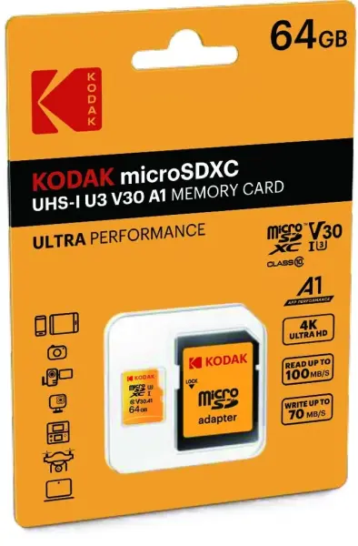 Kodak 64GB UHS-I U3/V30/A1 Micro SD Kart + Adaptör (Sarı)