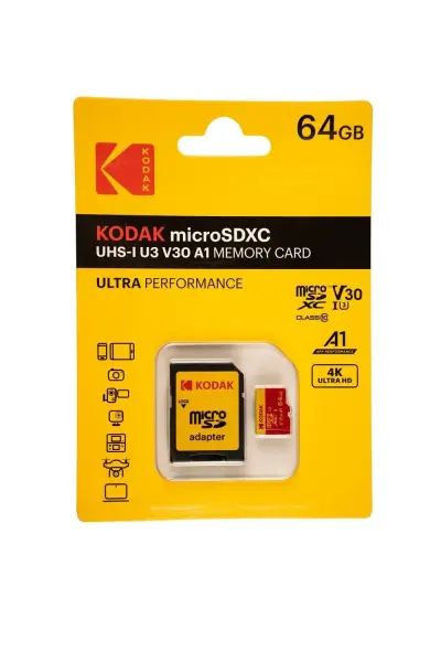 Kodak 64GB UHS-I U3/V30/A1  Micro SD Kart + Adaptör (Kırmızı)