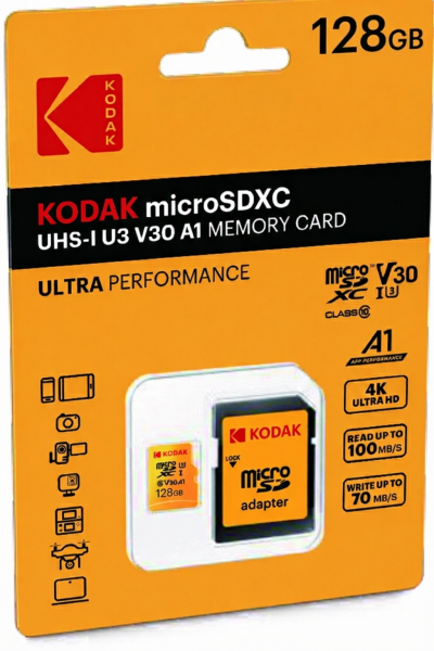 Kodak 128GB UHS-I U3/V30/A1 Micro SD Kart + Adaptör (Sarı)