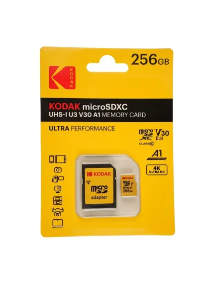 Kodak 256GB UHS-I U3/V30/A1 Micro SD Kart + Adaptör (Sarı)