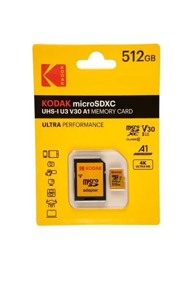Kodak 512GB UHS-I U3/V30/A2 Colorful Micro SD + Adaptör