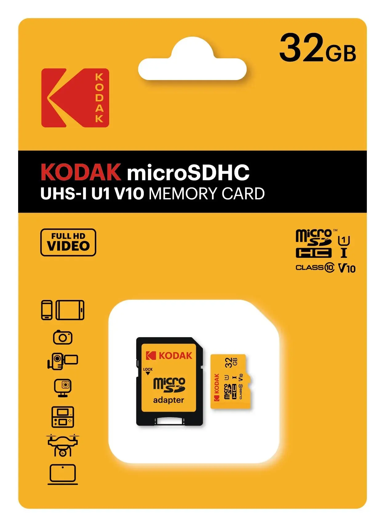 Kodak 32GB UHS-I C10 U1 V10 Micro SD Kart + Adaptör (Sarı)