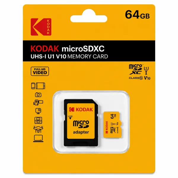 Kodak 64GB UHS-I C10 U1 V10 Micro SD Kart + Adaptör (Sarı)