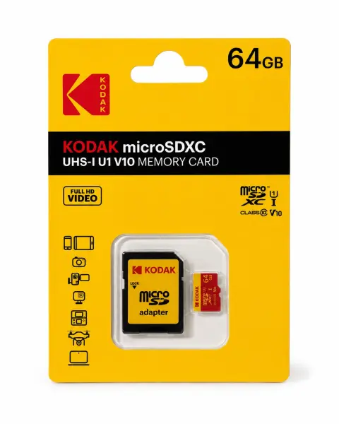 Kodak 64GB UHS-I C10 U1 V10 Micro SD Kart + Adaptör (Kırmızı)
