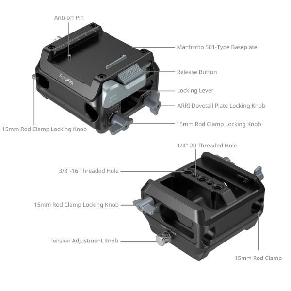 SmallRig 5366 Manfrotto 501-Type  için 15 mm Çift Çubuk Kelepçeli Montaj Plakası Kiti